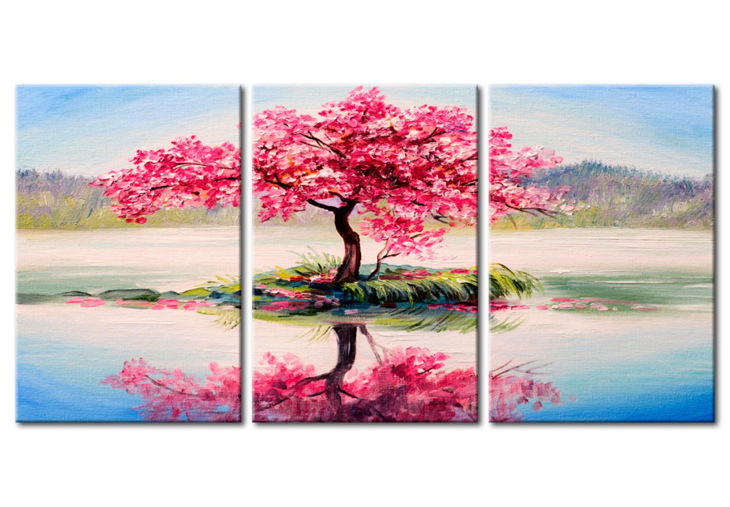 Cuadro Isla de Sakura (3 piezas) - árbol de cerezo en lago