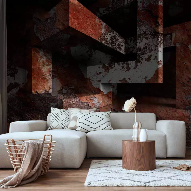 Fotomural decorativo Laberinto naranja - abstracción industrial con textura metálica
