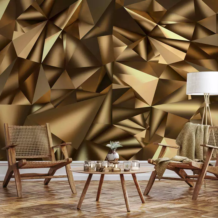 Fotomural decorativo Abstracción - fondo dorado con elementos geométricos y efecto 3D