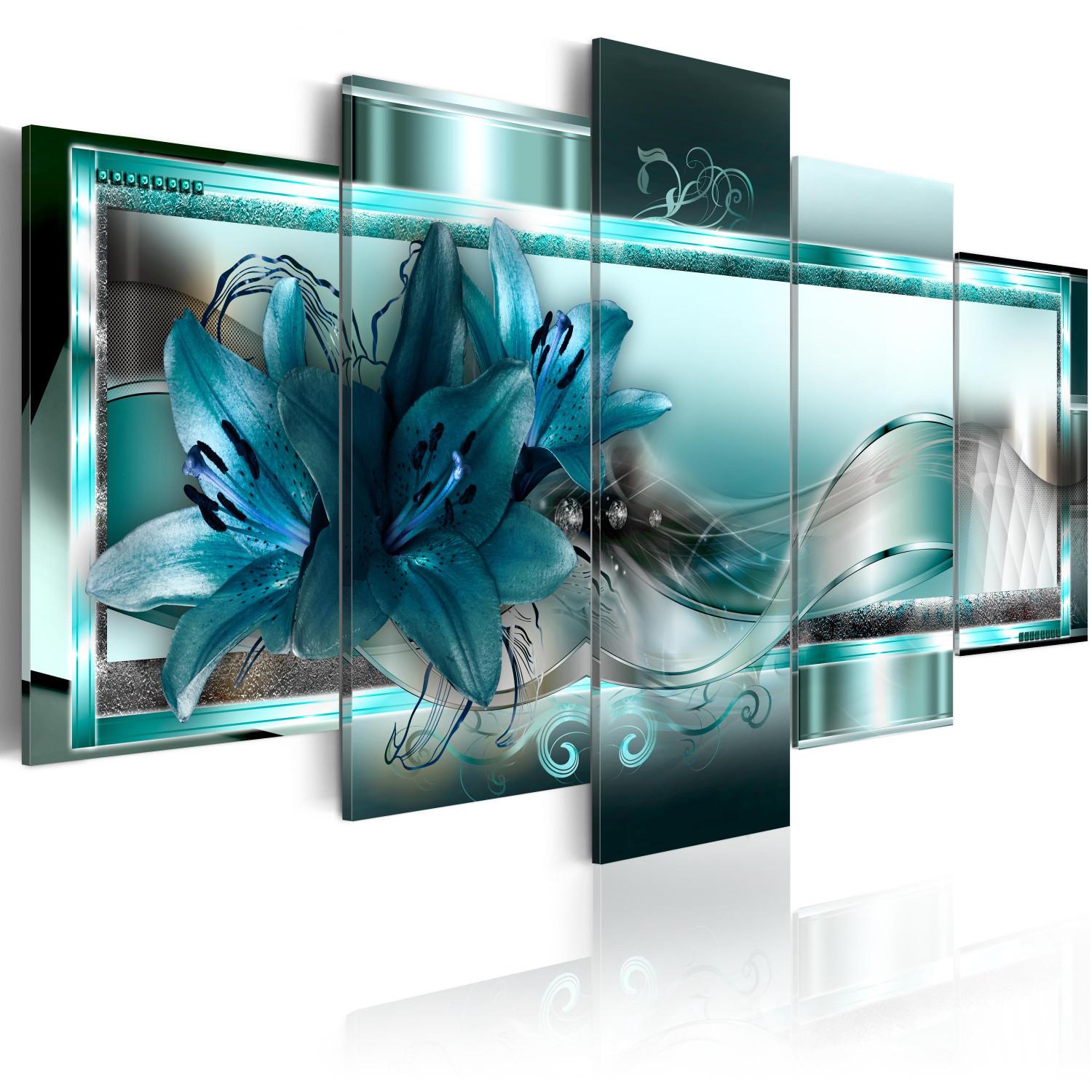 Cuadro moderno Lirios azules (5 piezas) - flores azules y abstracción en el fondo