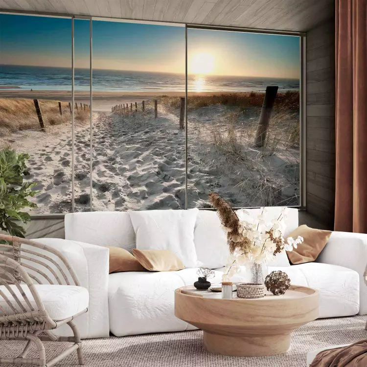 Fotomural decorativo Vista desde la ventana - paisaje con playa por la mañana