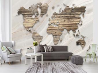 Fotomural decorativo Mapa de mármol - contornos continentales y motivo de madera