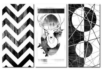 Cuadro Bosque negro (3-pieza) - ciervo y figuras geométricas