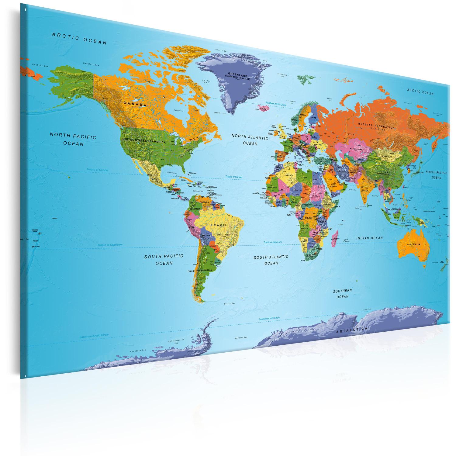Cuadro Nota colorida (1-pieza) - mapa del mundo con continentes en inglés