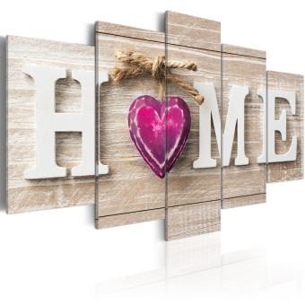 Cuadro Corazón en casa (5 partes) - frase sobre fondo de madera estilo retro