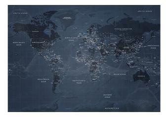 Fotomural Mapa del mundo azul - Continentes con escrituras en inglés