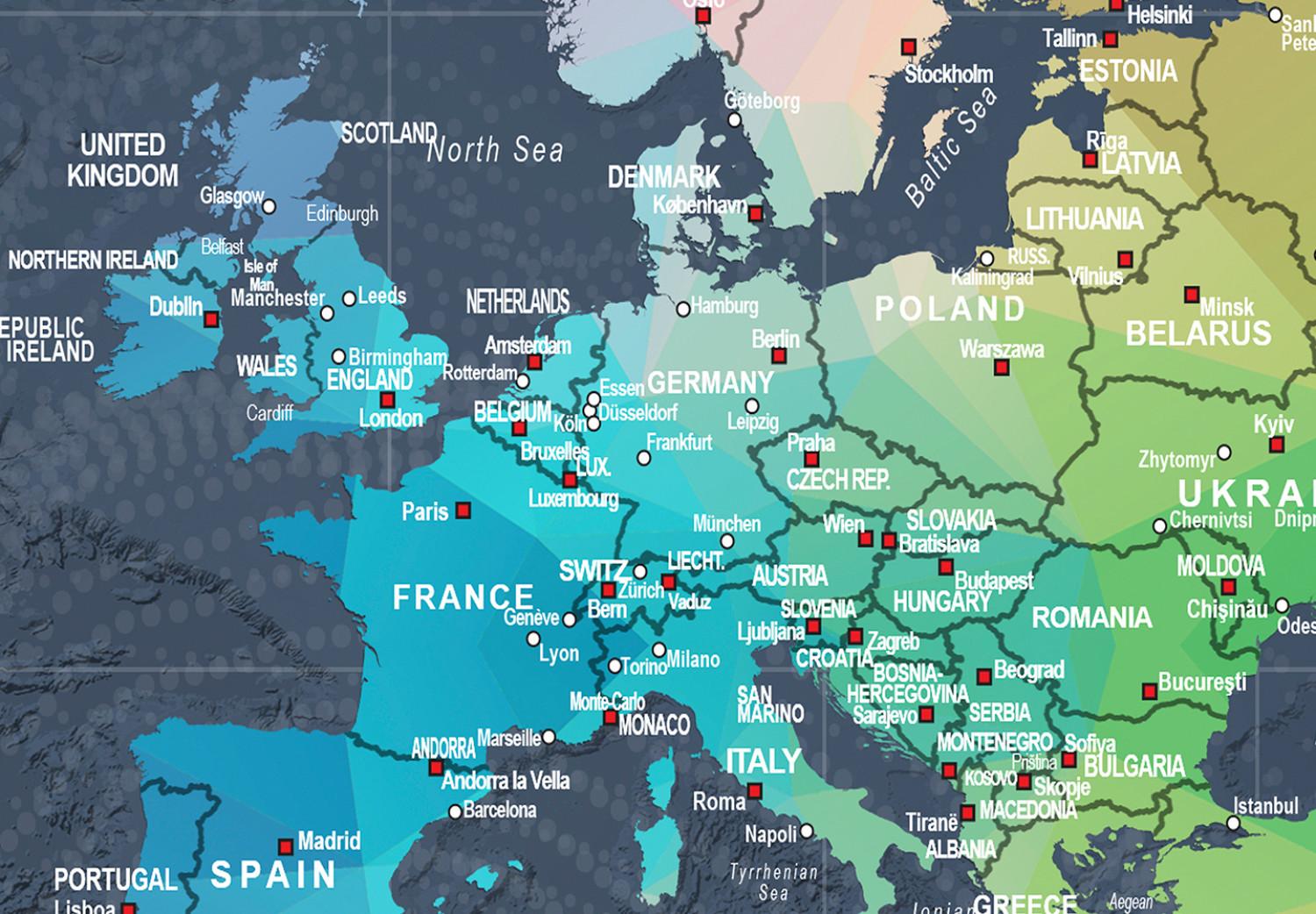 Fotomural Mapa del mundo coloreado - Contornos geométricos con nombres en inglés