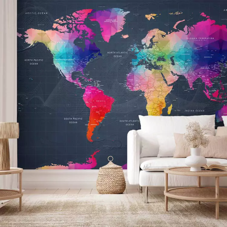Fotomural Mapa del mundo coloreado - Contornos geométricos con nombres en inglés