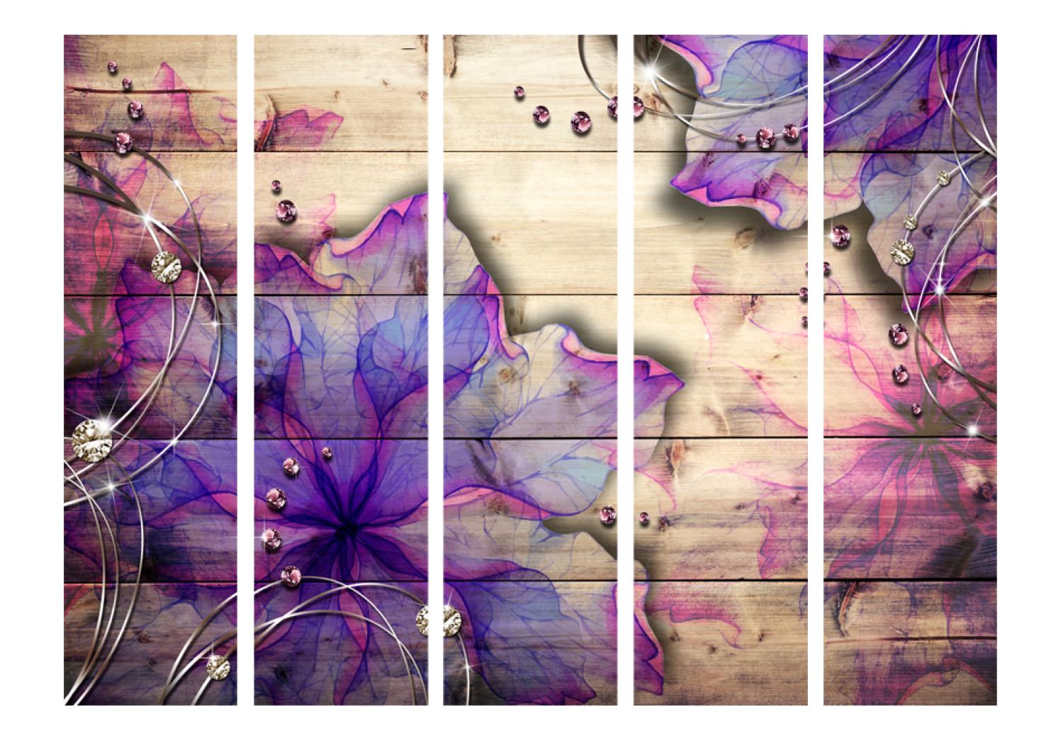 Biombo decorativo Recuerdo púrpura II - flor con hilo en fondo de textura de madera