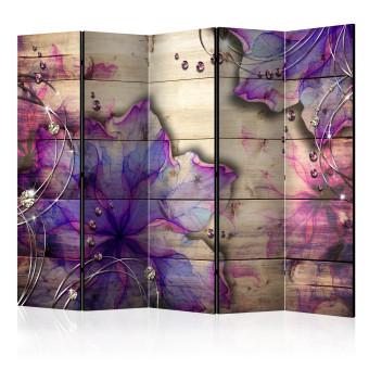 Biombo decorativo Recuerdo púrpura II - flor con hilo en fondo de textura de madera
