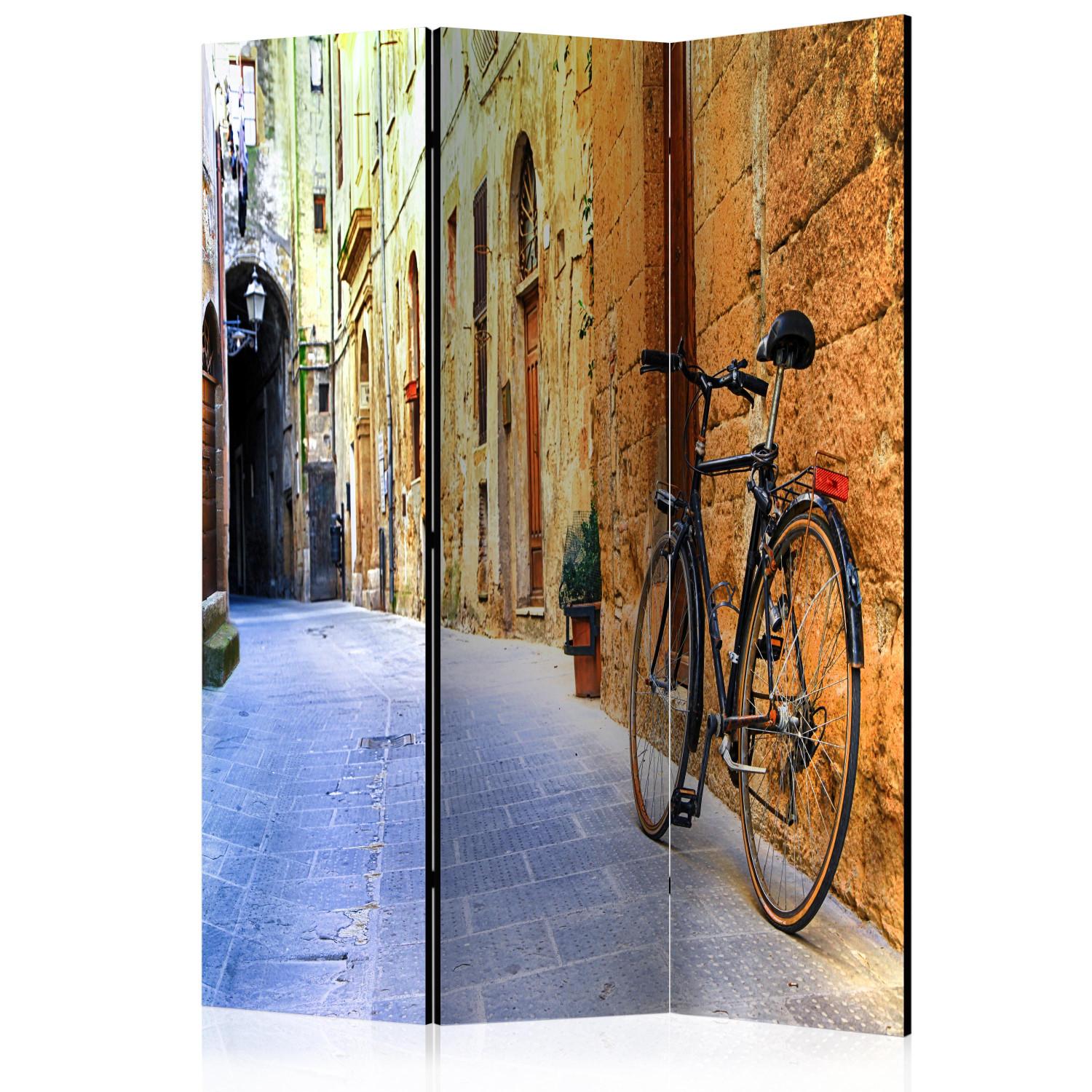 Biombo decorativo Vacaciones Italia - bicicleta negra fondo arquitectura italiana