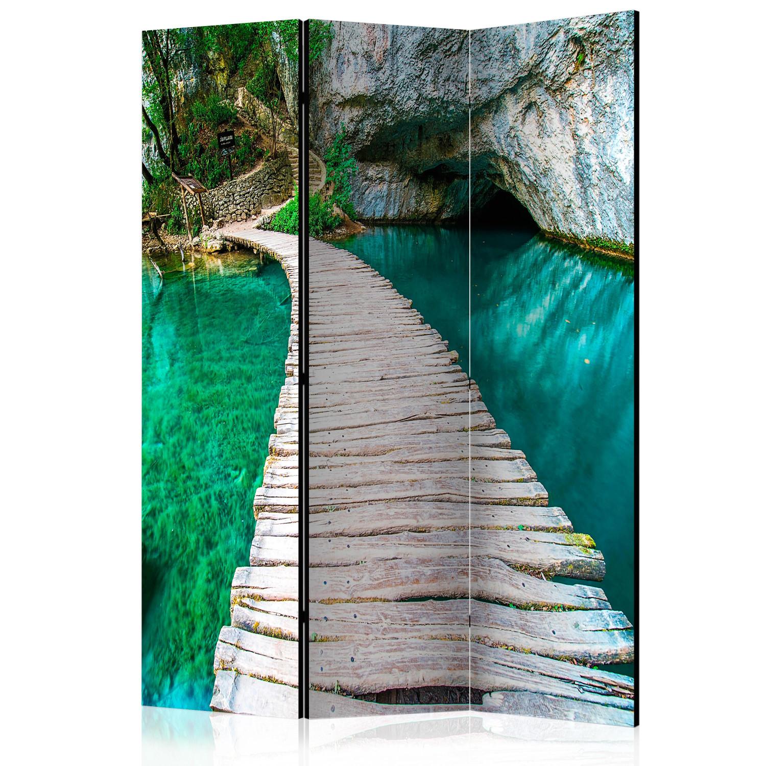 Biombo decorativo Lago esmeralda - paisaje de lago y puente