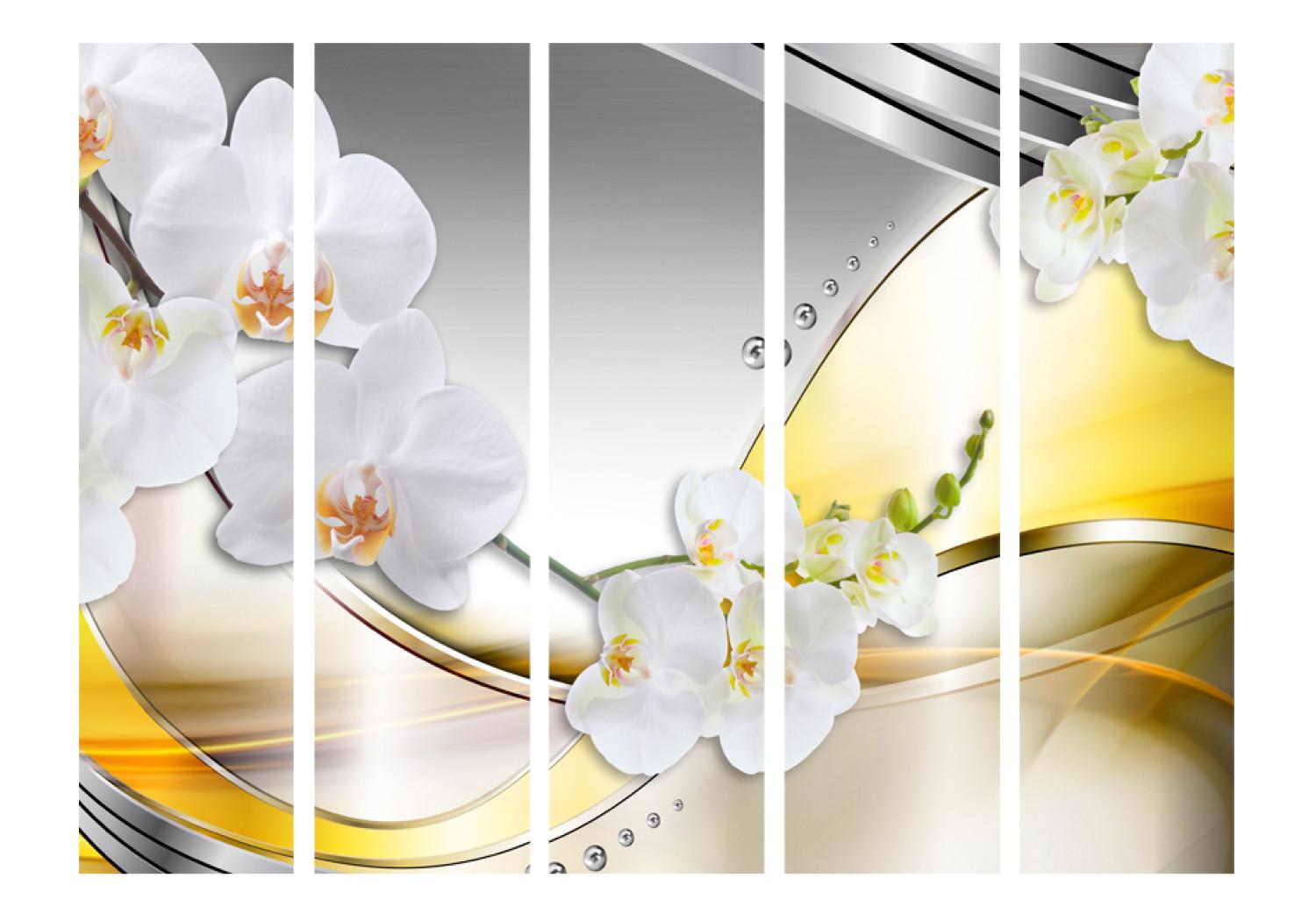 Biombo original Viaje amarillo II - orquídeas blancas sobre fondo abstracto plateado