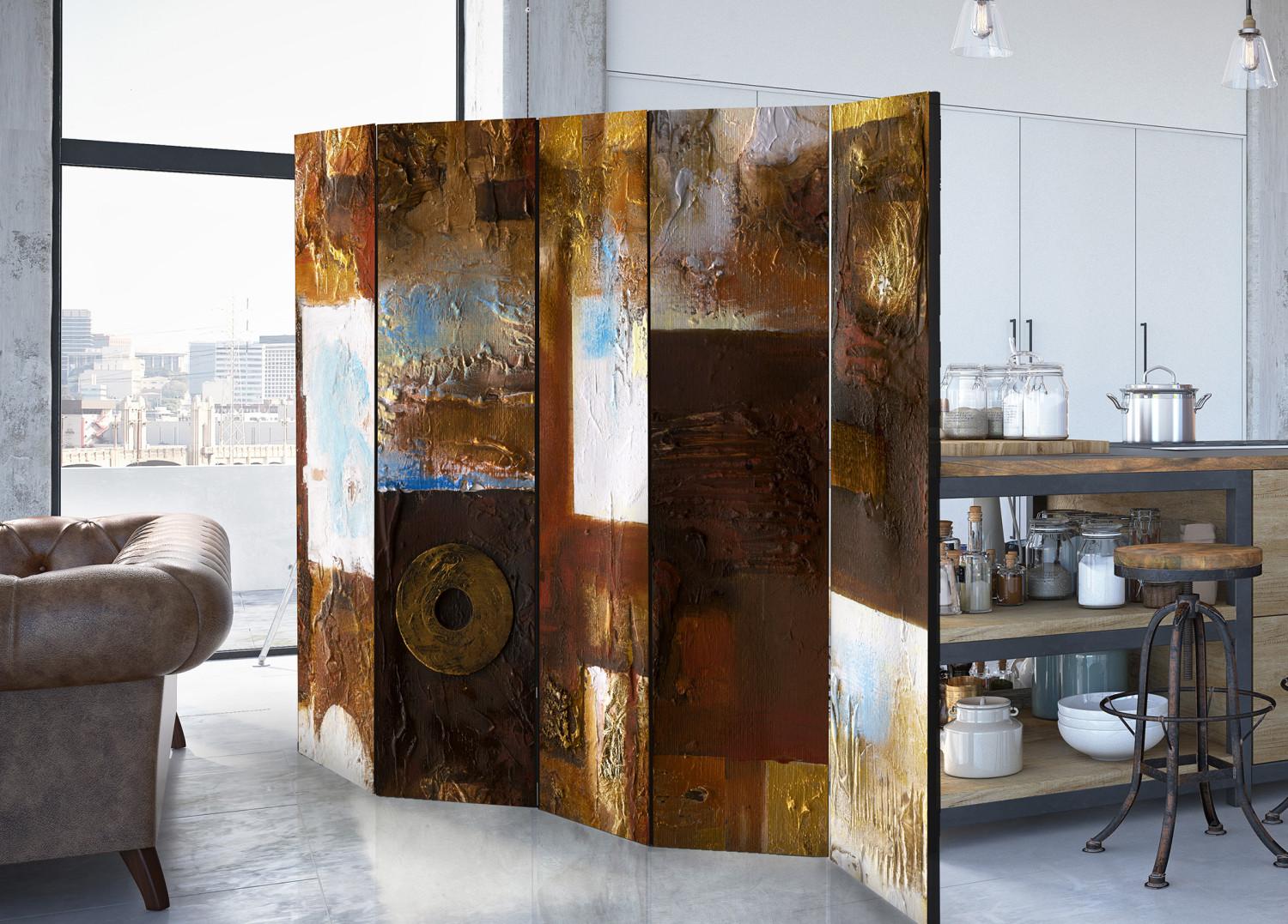 Biombo decorativo Paisaje invernal II - textura abstracta marrón con motivos coloridos