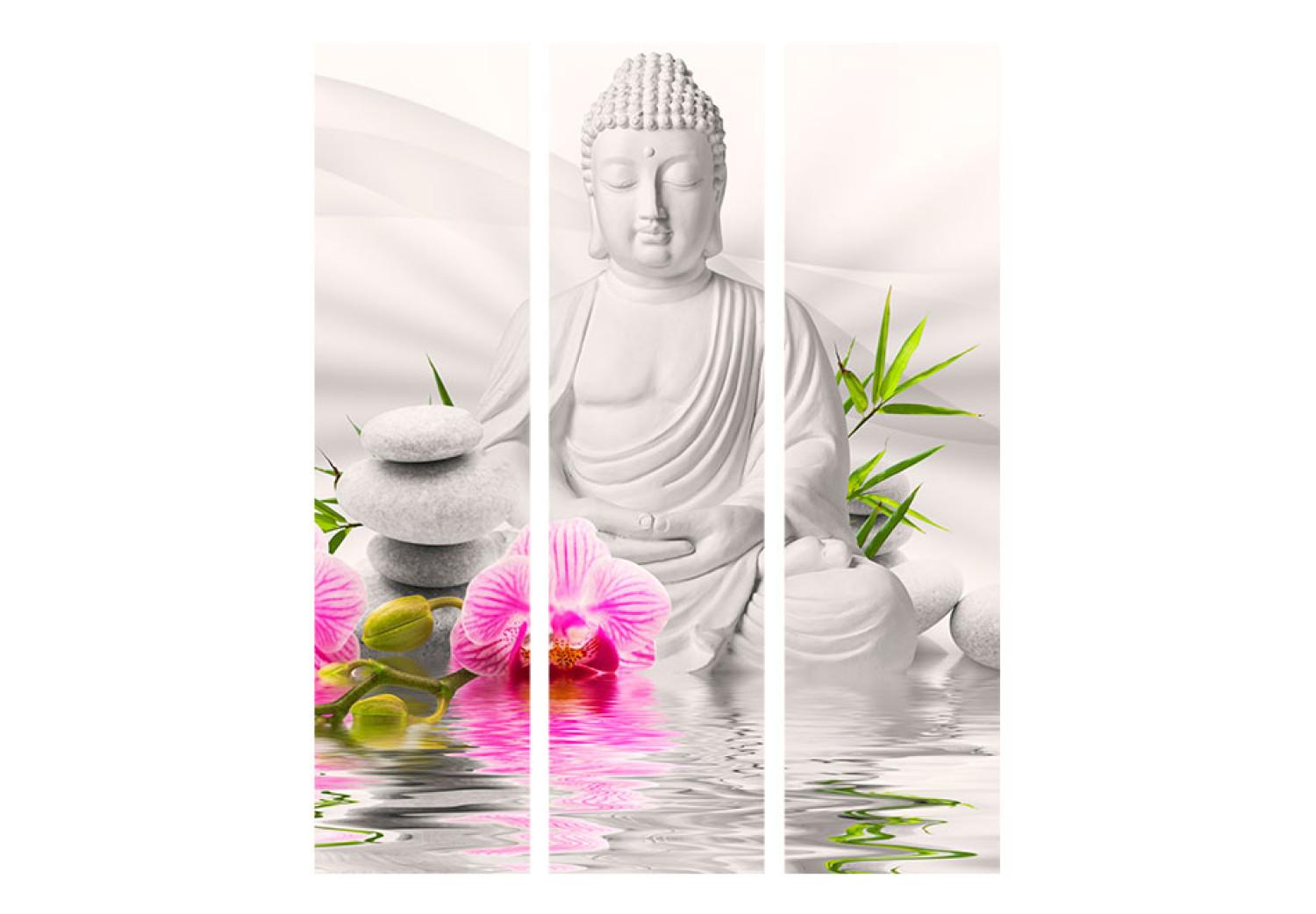 Biombo Buda y orquídeas - estatua blanca con fondo de orquídeas Zen