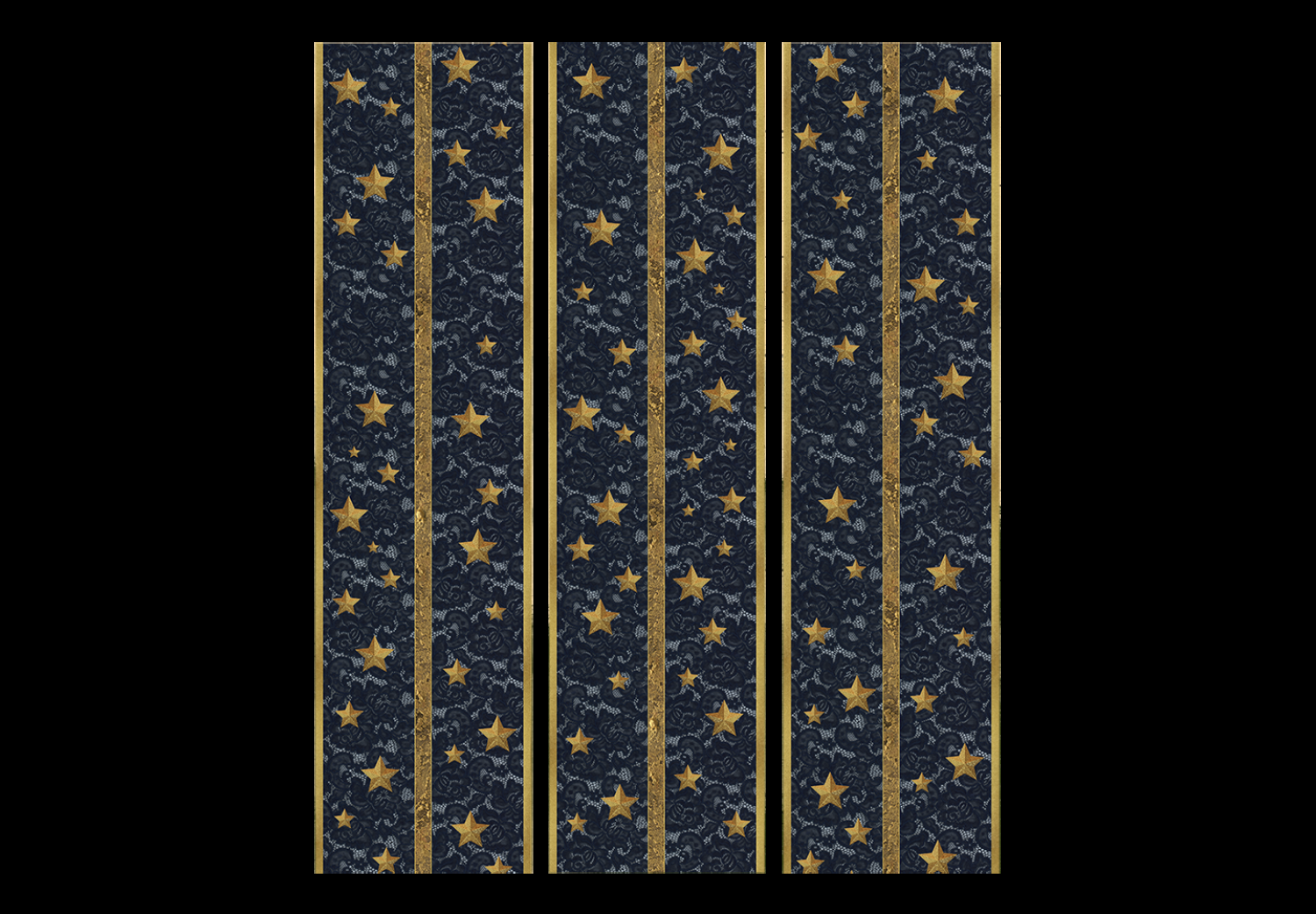 Biombo decorativo Constelación de encaje - estrellas doradas sobre tela negra de lujo