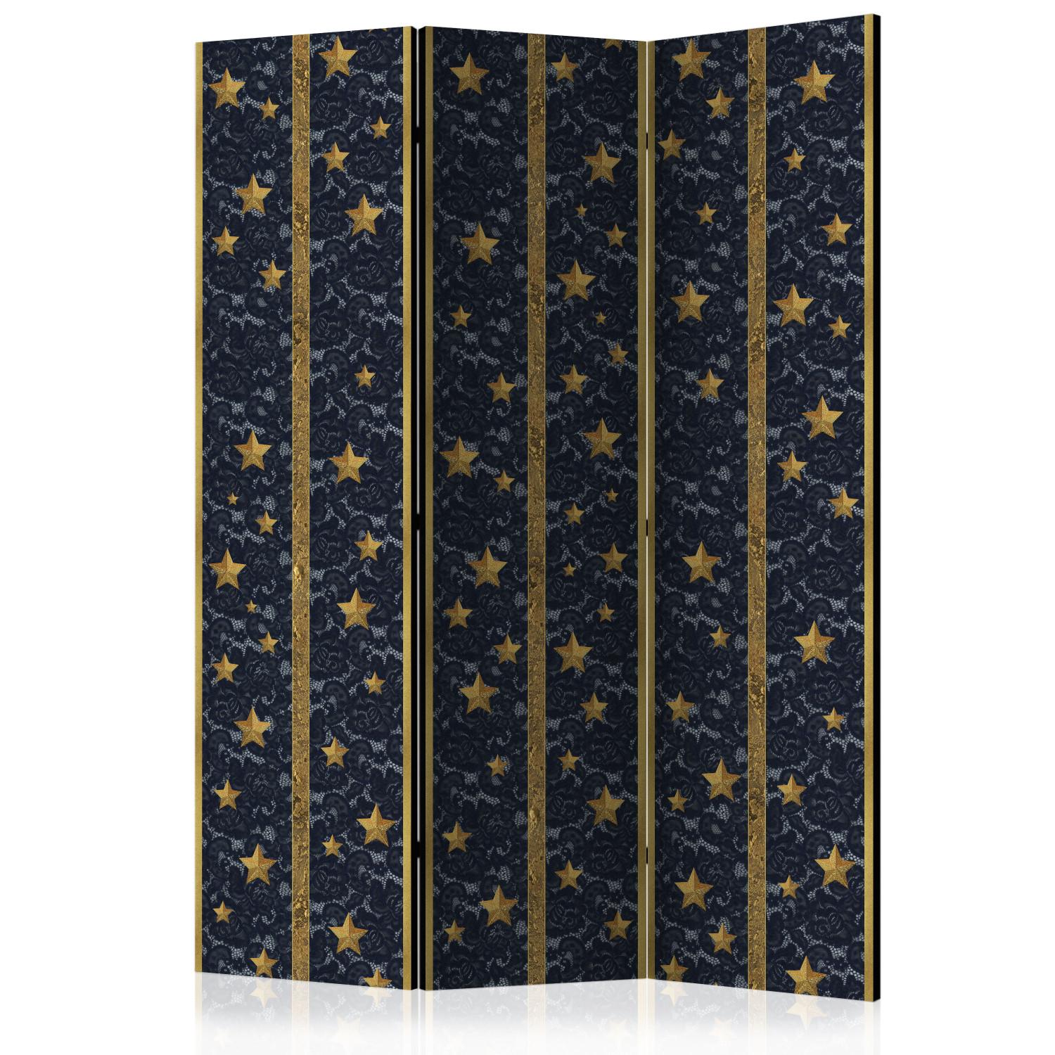 Biombo decorativo Constelación de encaje - estrellas doradas sobre tela negra de lujo