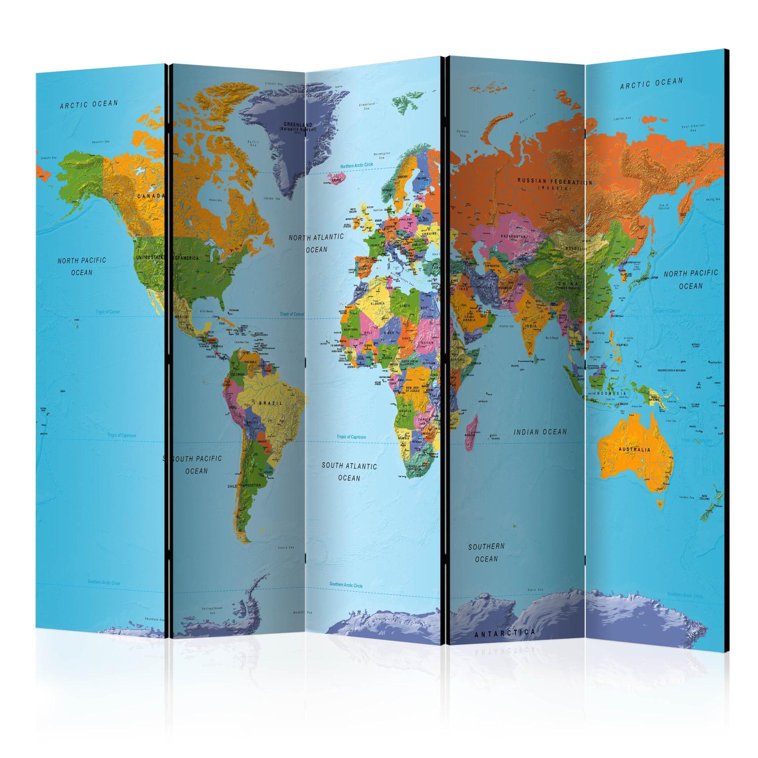 Biombo decorativo Geografía colorida - mapa mundo continentes coloridos escritos