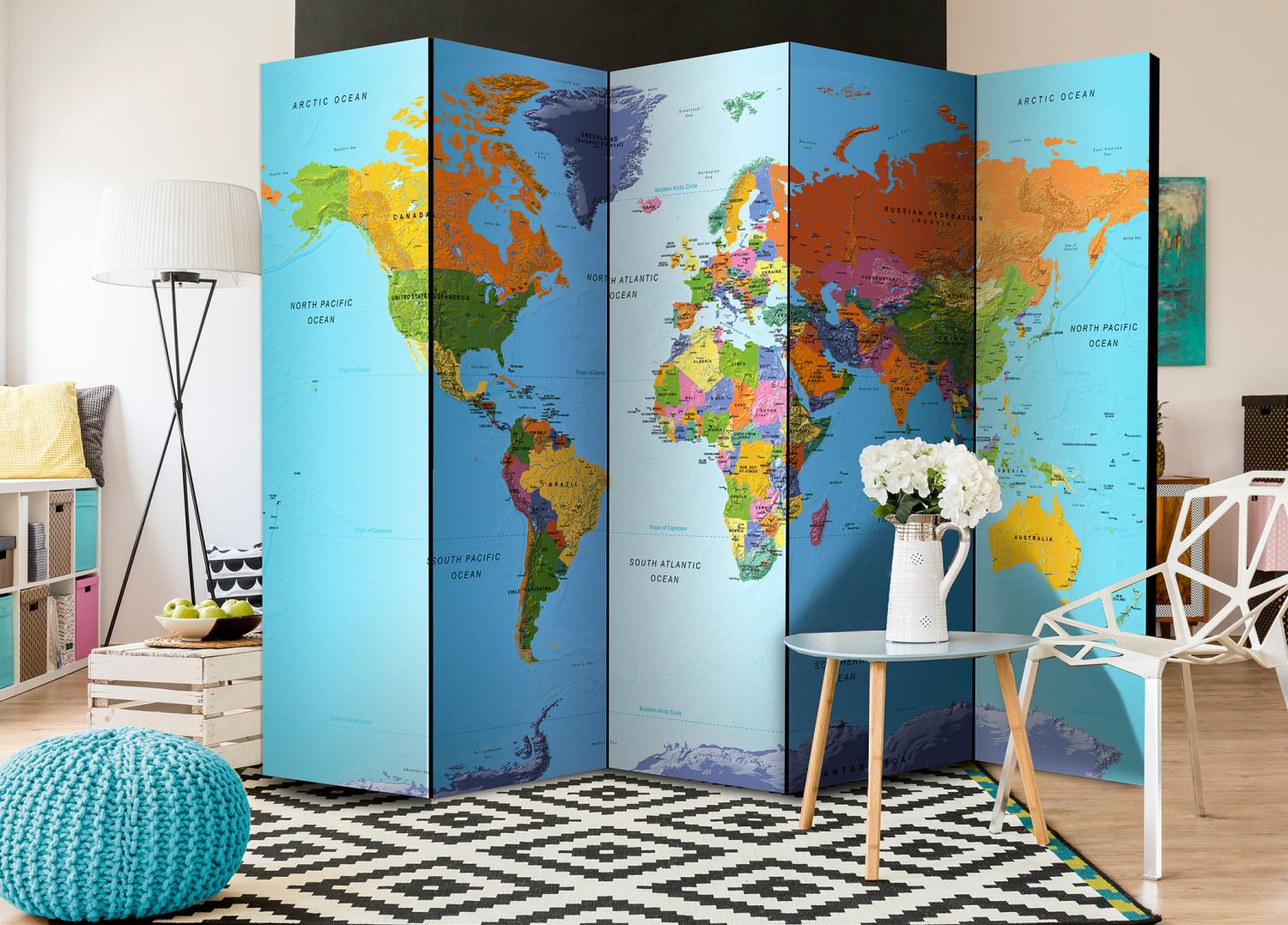 Biombo decorativo Geografía colorida - mapa mundo continentes coloridos escritos