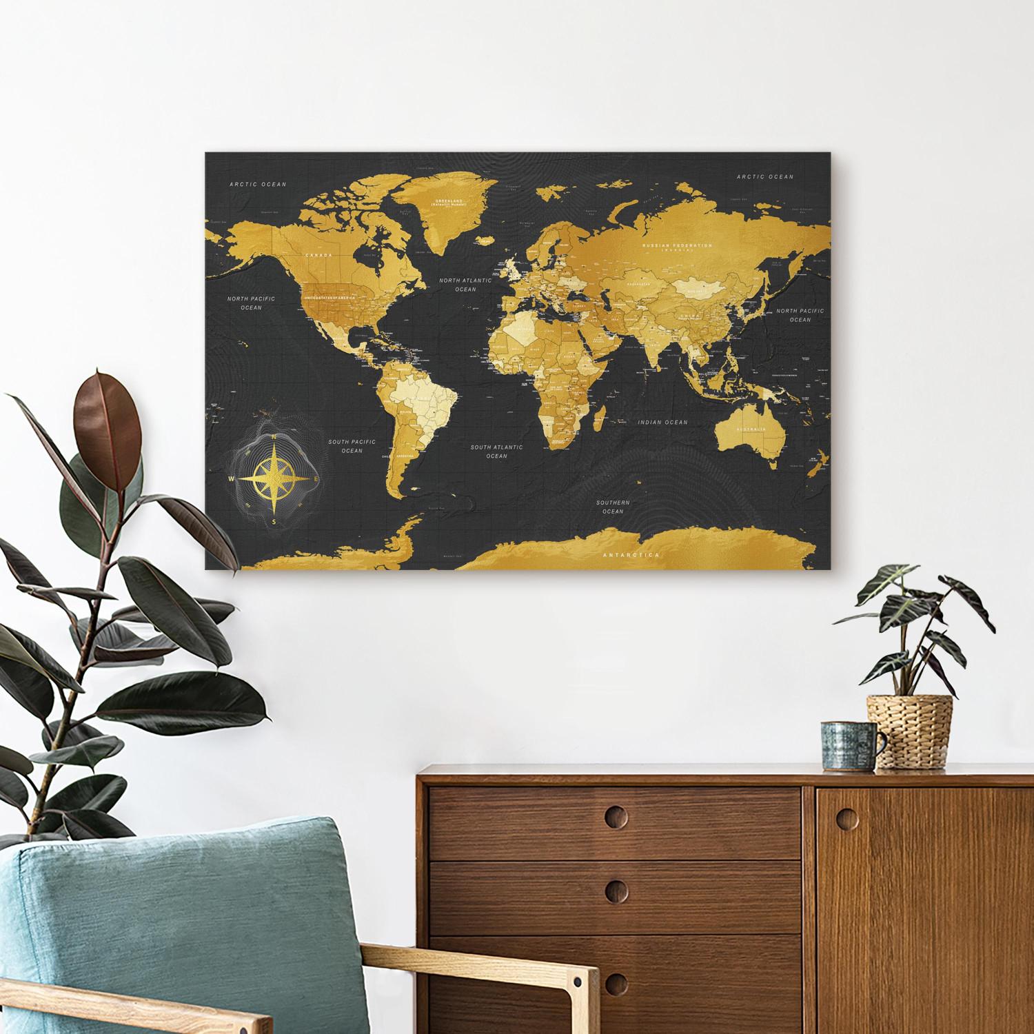 Cuadro Continentes amarillos (1 parte) - mapa mundial en negro y dorado