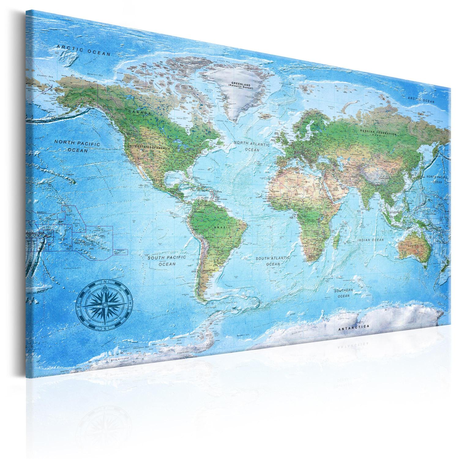 Cuadro Viaje con brújula (1 parte) - mapa mundial clásico en azul