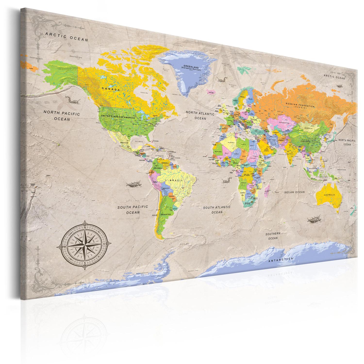 Cuadro decorativo Tierras desconocidas (1 parte) - mapa mundial colorido estilo vintage
