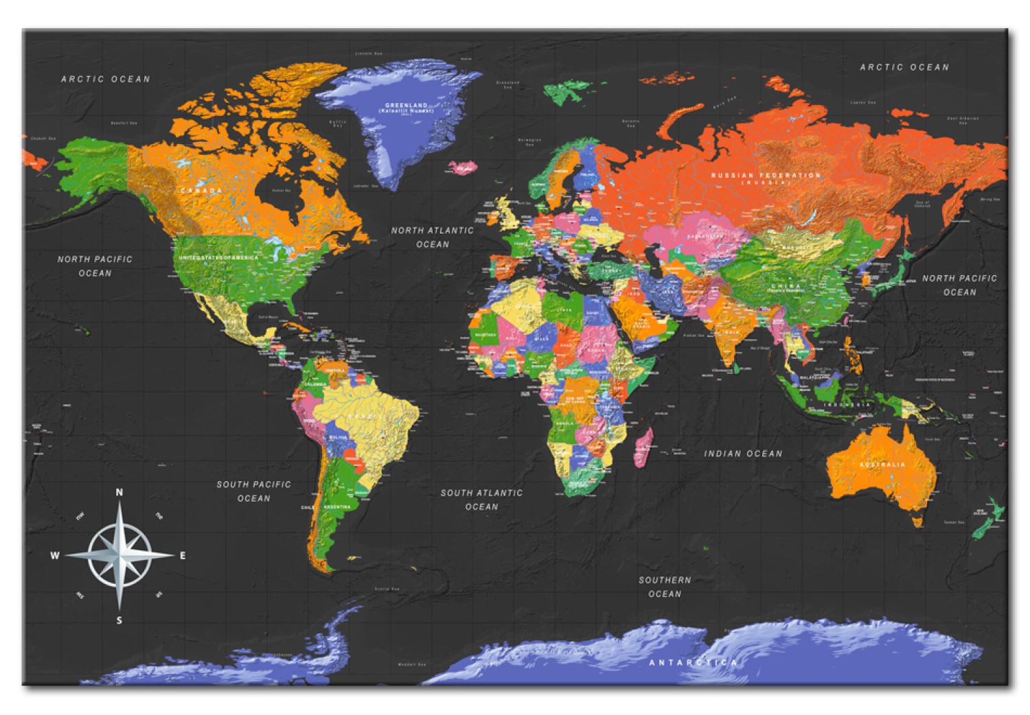 Cuadro moderno Océano en negro (1 parte) - mapa mundial colorido en inglés