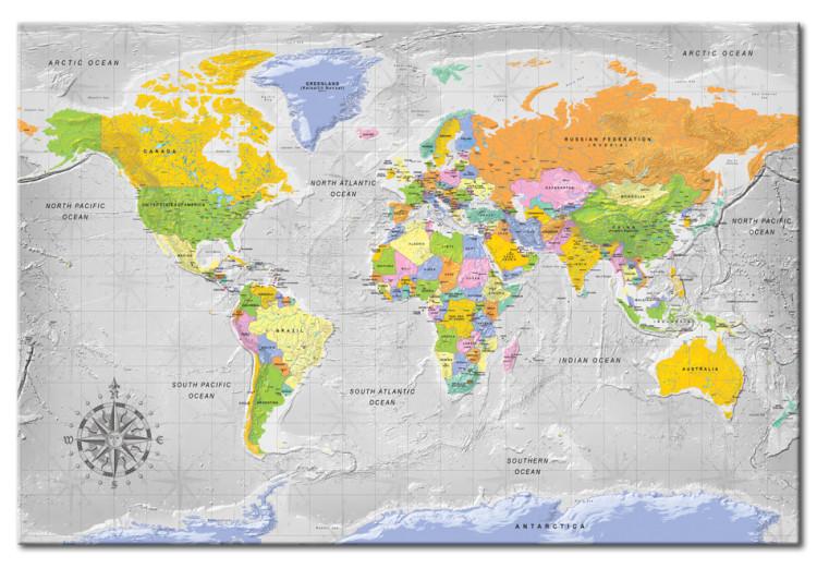 Cuadro en lienzo Rumbo de viaje (1 parte) - tono gris del mapa mundial con letras