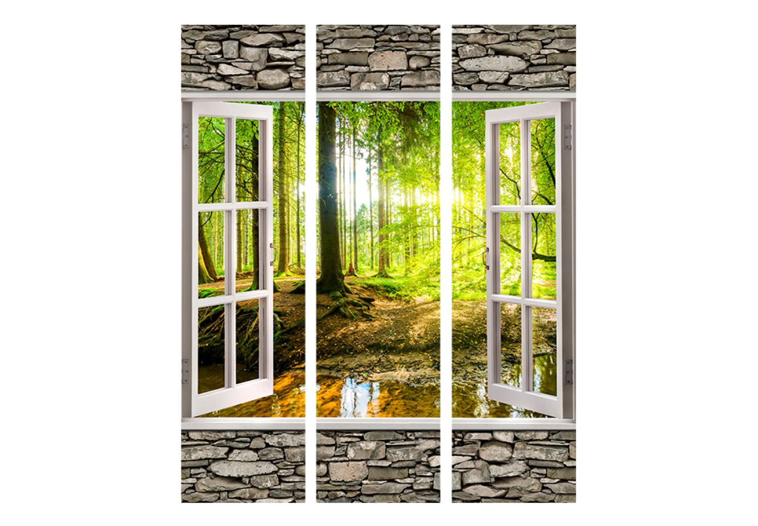 Biombo Bosque mañana - textura piedra ventana vista bosque