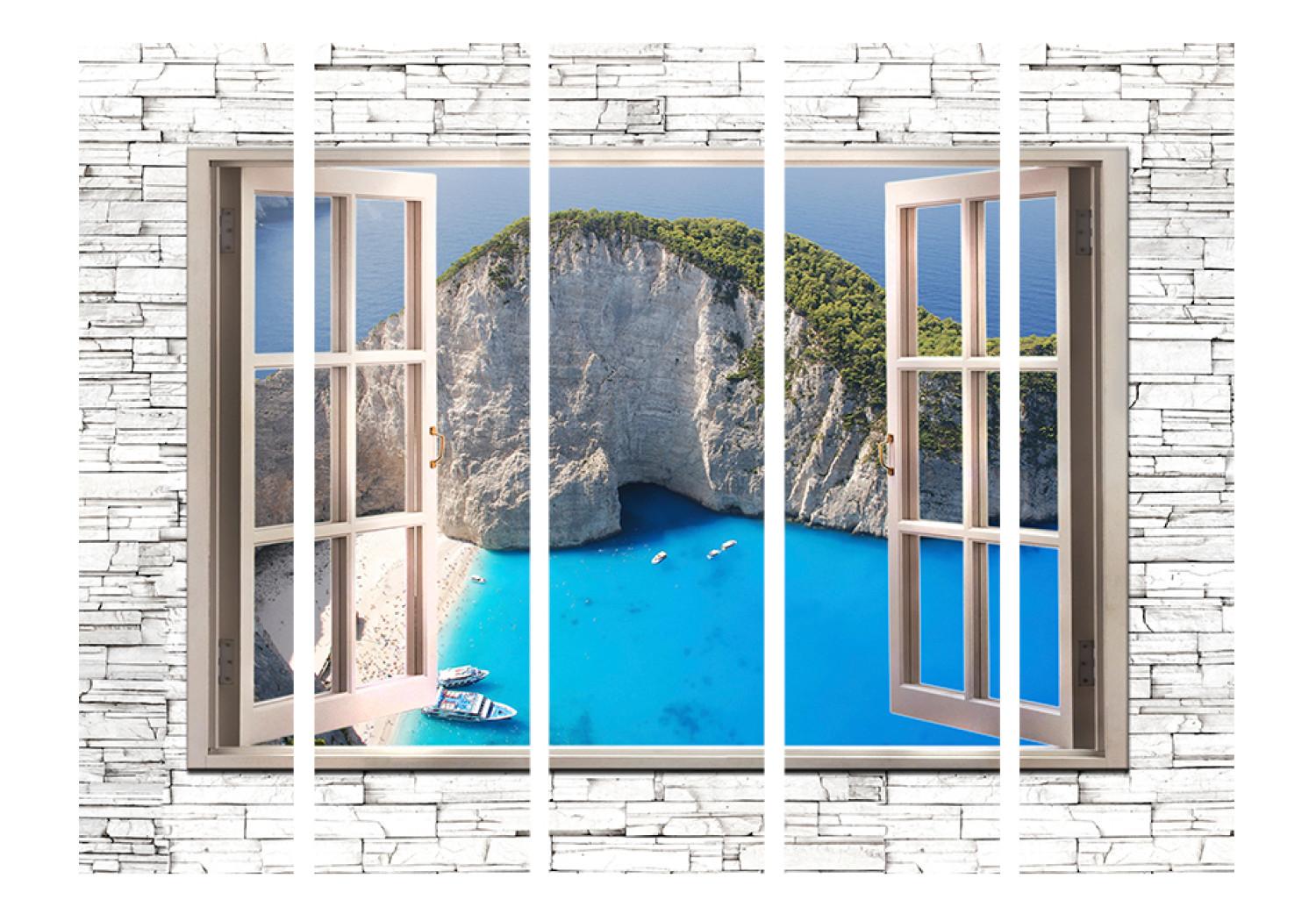 Biombo decorativo Blue Paradise II - textura de ventana en piedra con paisaje marino
