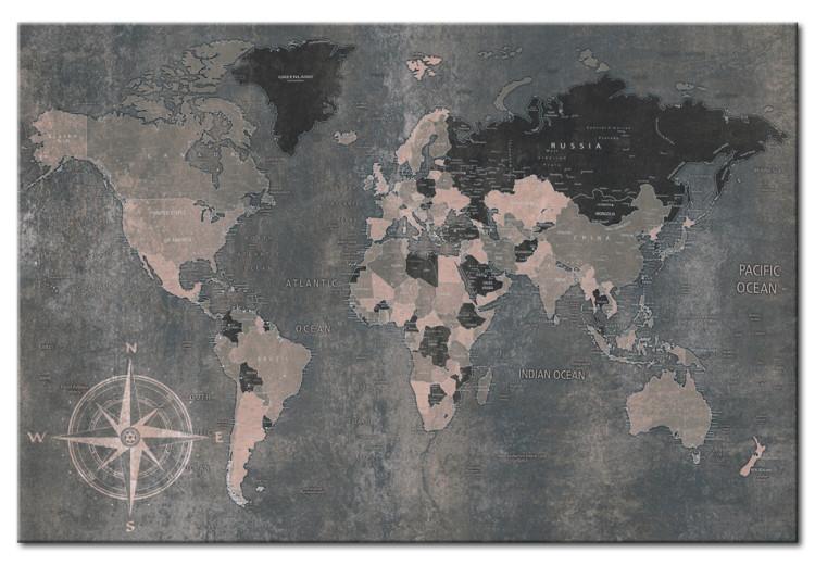 Cuadro en lienzo Viaje por los continentes (1 parte) - mapa mundial en tonos grises