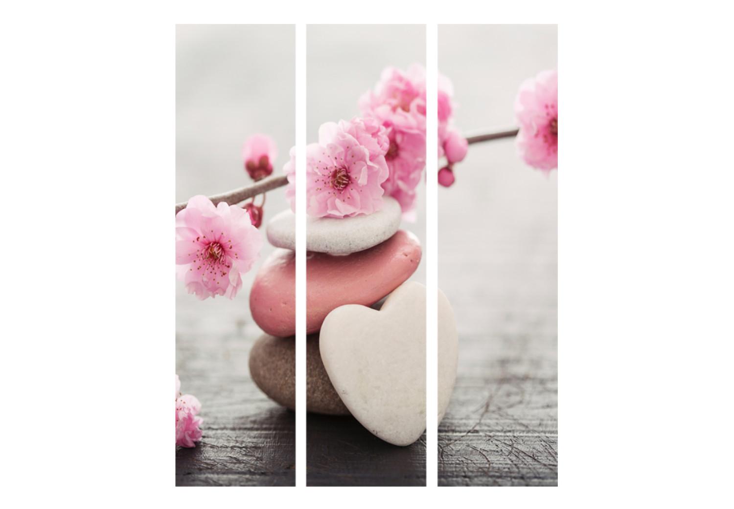 Biombo original Flores Zen - piedras de colores y plantas rosas sobre mesa de madera