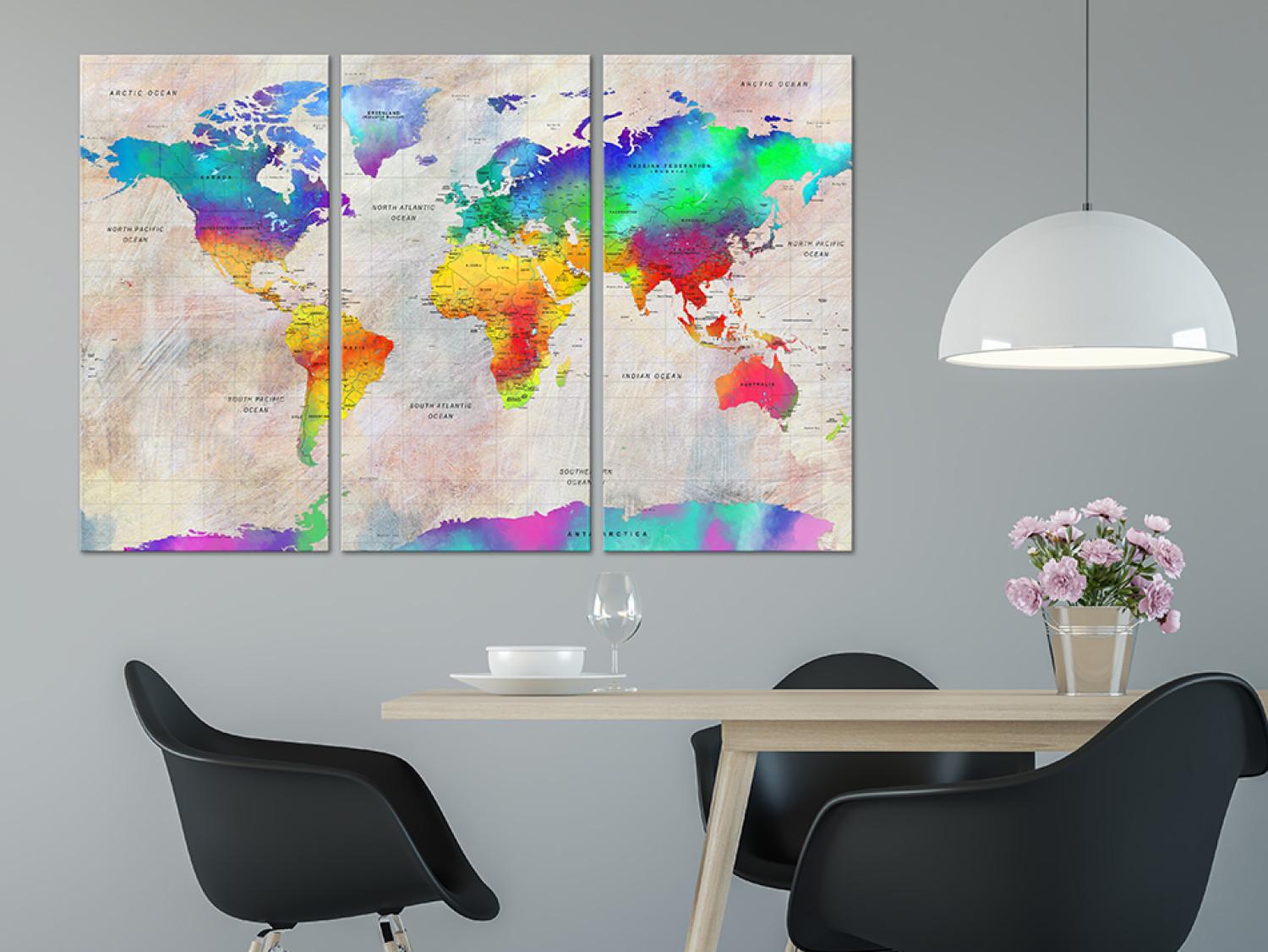 Cuadro Continentes en Color (3 partes) - Mapa Mundial en Tonos del Arcoíris