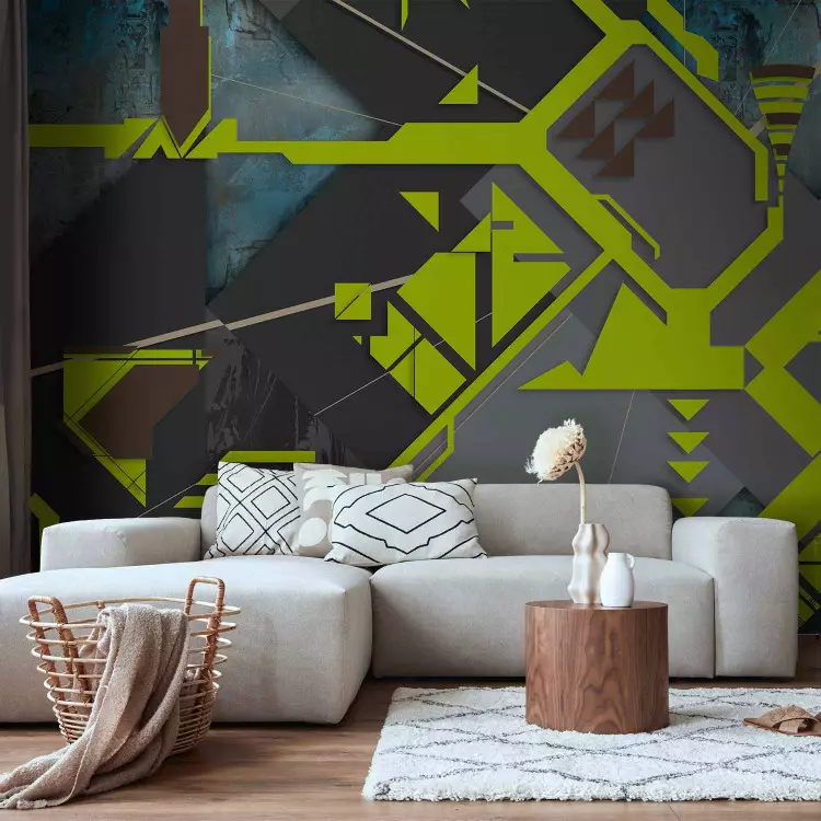 Fotomural decorativo Senderos - Abstracción geométrica con laberinto amarillo y 3D