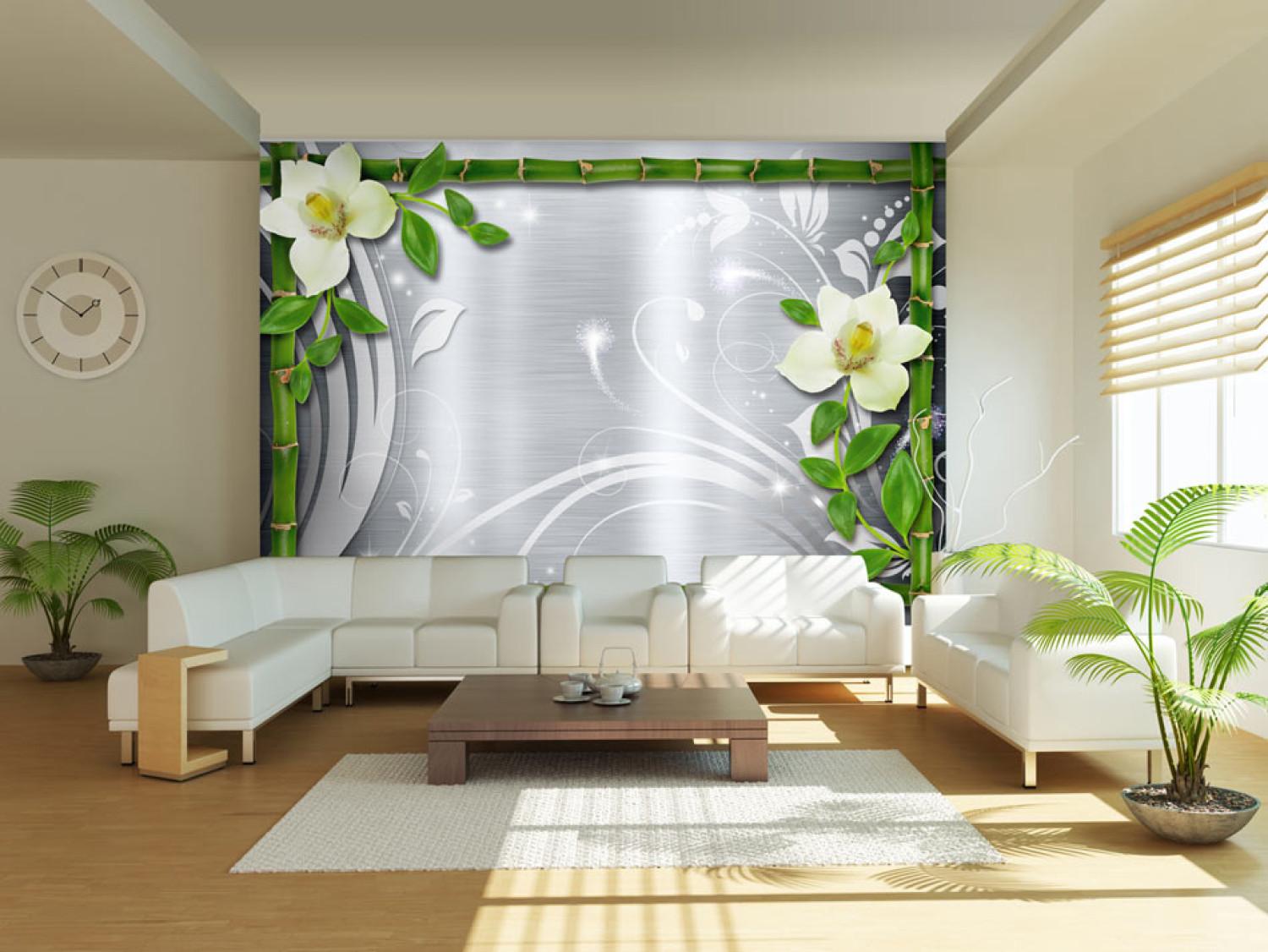 Fotomural a medida Bambú y orquídeas - Motivo floral con brillo metálico