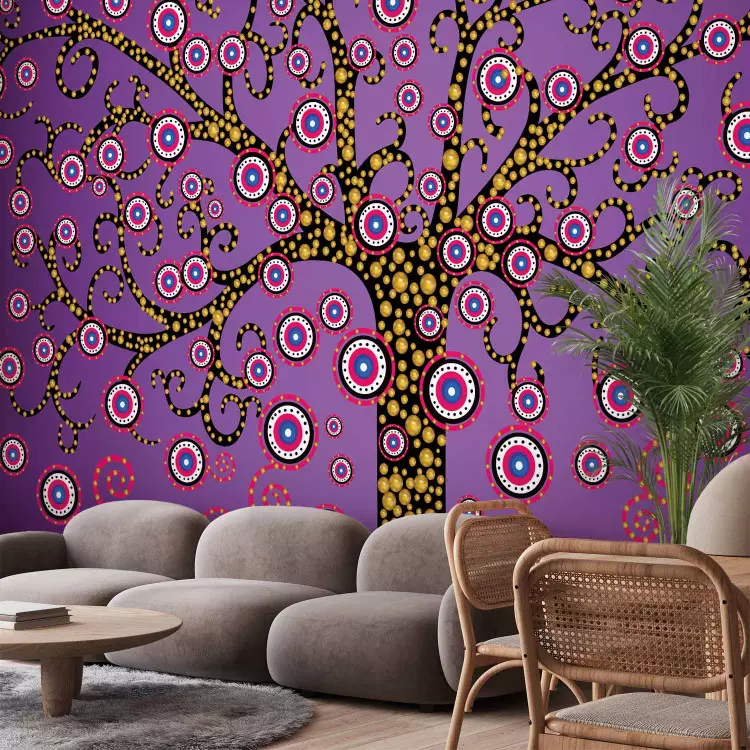 Fotomural decorativo Árbol - Abstracción con árbol amarillo al estilo Klimt en violeta