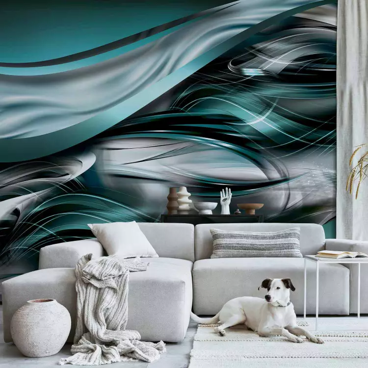 Fotomural decorativo Tormenta de hielo - Abstracción turquesa con olas y brillo
