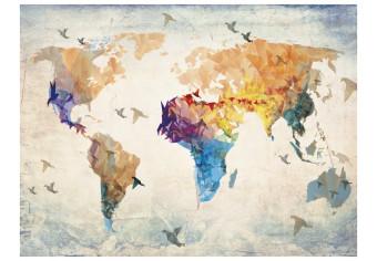 Fotomural Mapa del Mundo - silueta colorida de continentes con aves