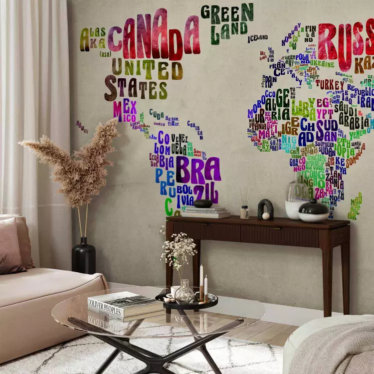 Fotomural Mapa del Mundo - continentes con siluetas de estados en inglés