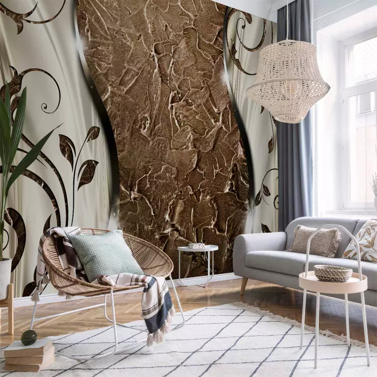 Fotomural Composición con Hojas - textura bronceada con tejido de seda