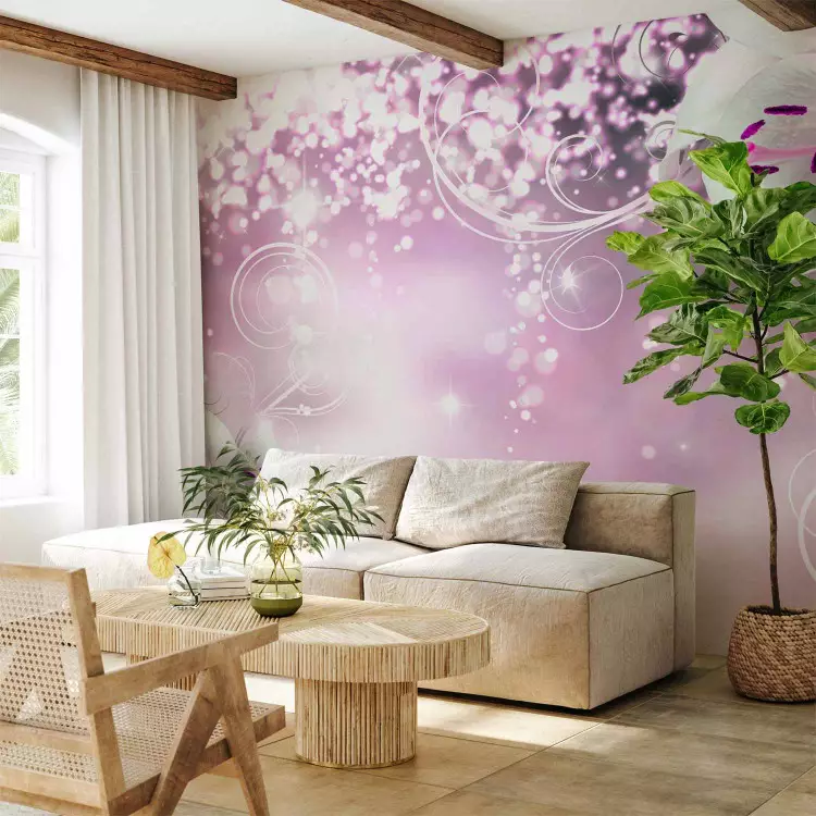 Fotomural a medida Lila Encantadora - composición con flores lila y patrón brillante