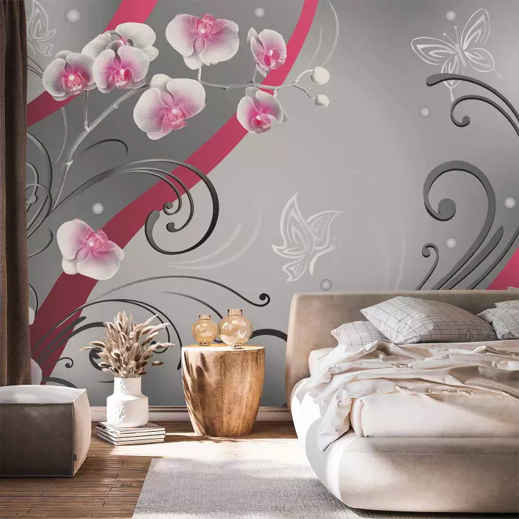 Fotomural decorativo Acento Rosa - orquídeas en una composición con ornamentación