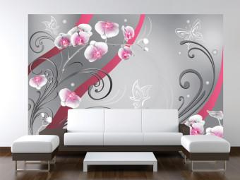 Fotomural decorativo Acento Rosa - orquídeas en una composición con ornamentación