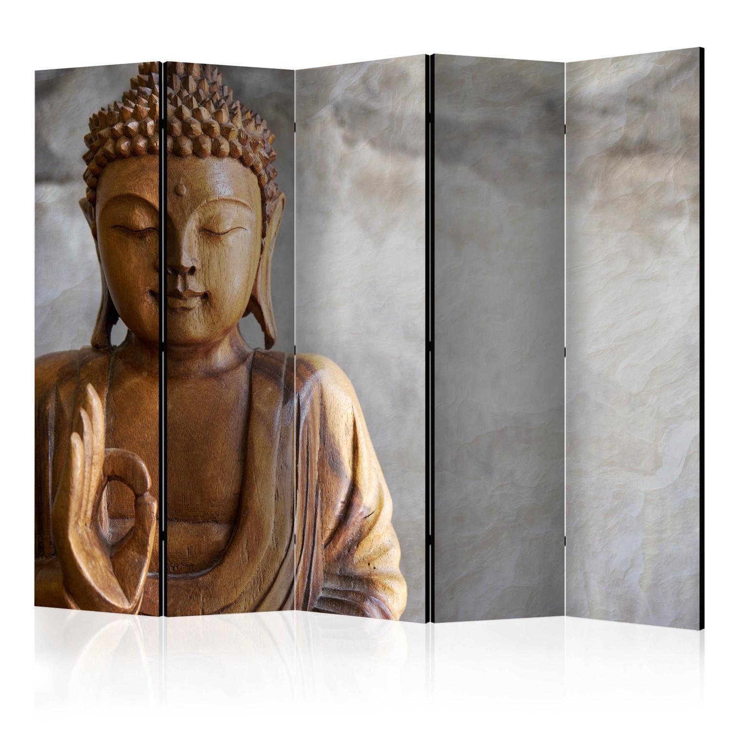 Biombo Buda II - Buda de madera sobre fondo gris en estilo Zen