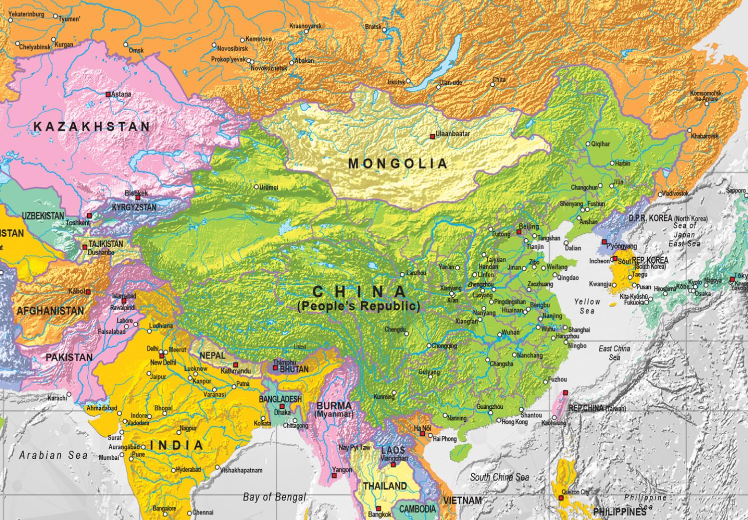 Cuadro Mapa del mundo: Rosa de los vientos II - mapa político con océano gris