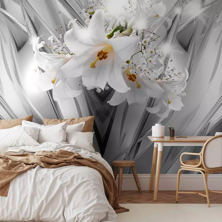 Fotomural decorativo Composición floral moderna - lirios entre olas grises con luz