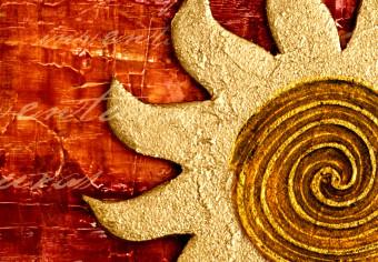 Cuadro moderno Rostro del sol (4 partes) - collage de ornamentos dorados y rojos