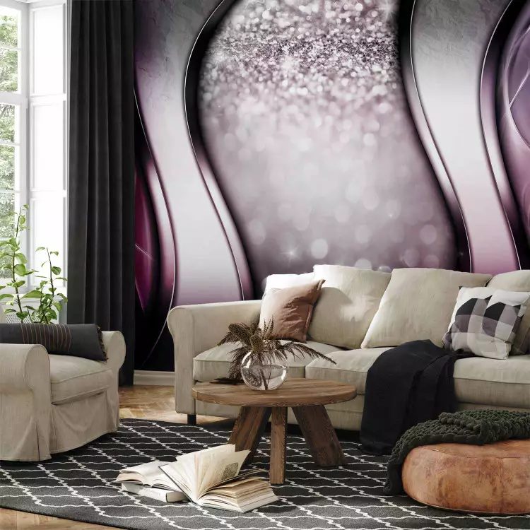 Fotomural Brillos - composición moderna plata con ondas violeta