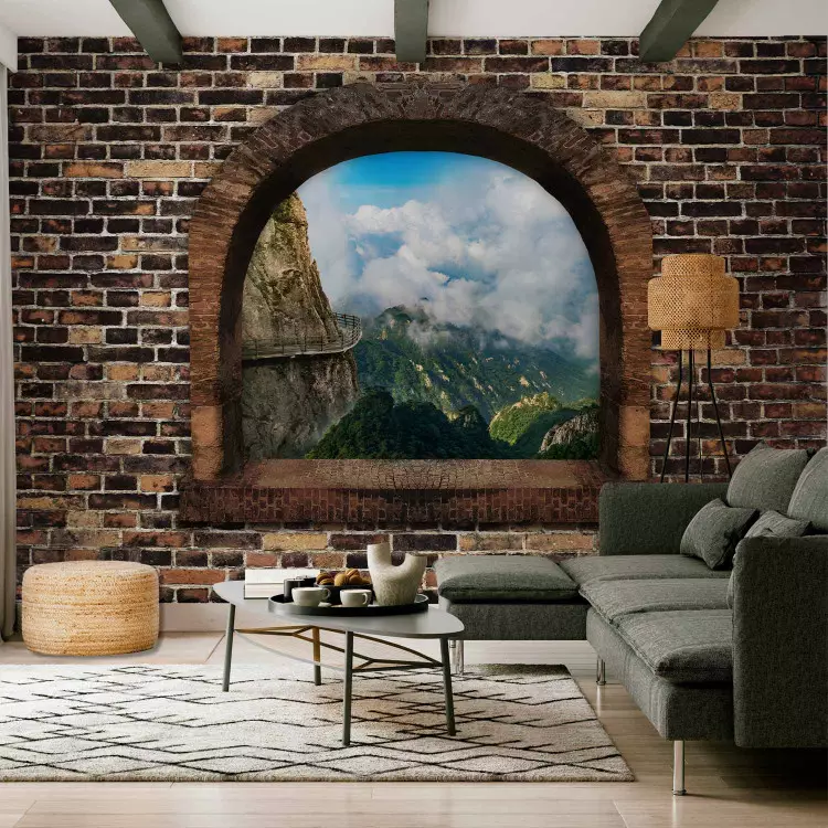 Fotomural Ventana futurista - paisaje montañoso con nubes y efecto 3D