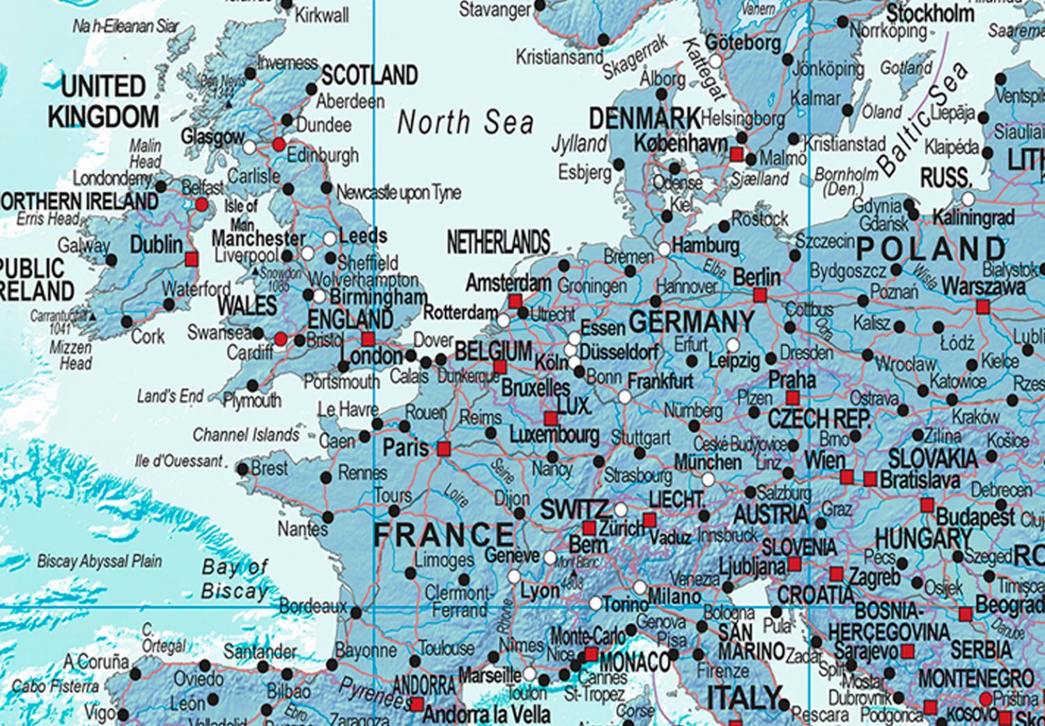 Cuadro moderno Mapa del mundo: Mundo azul - mapa político azul con inscripciones